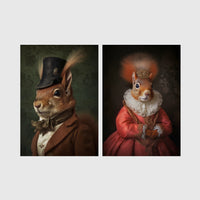Set of 2 framed prints, squirrels in period dress: "Mr" squirrel in a top hat and bow tie; and "Mrs" squirrel crowned in a pink dress — unframed