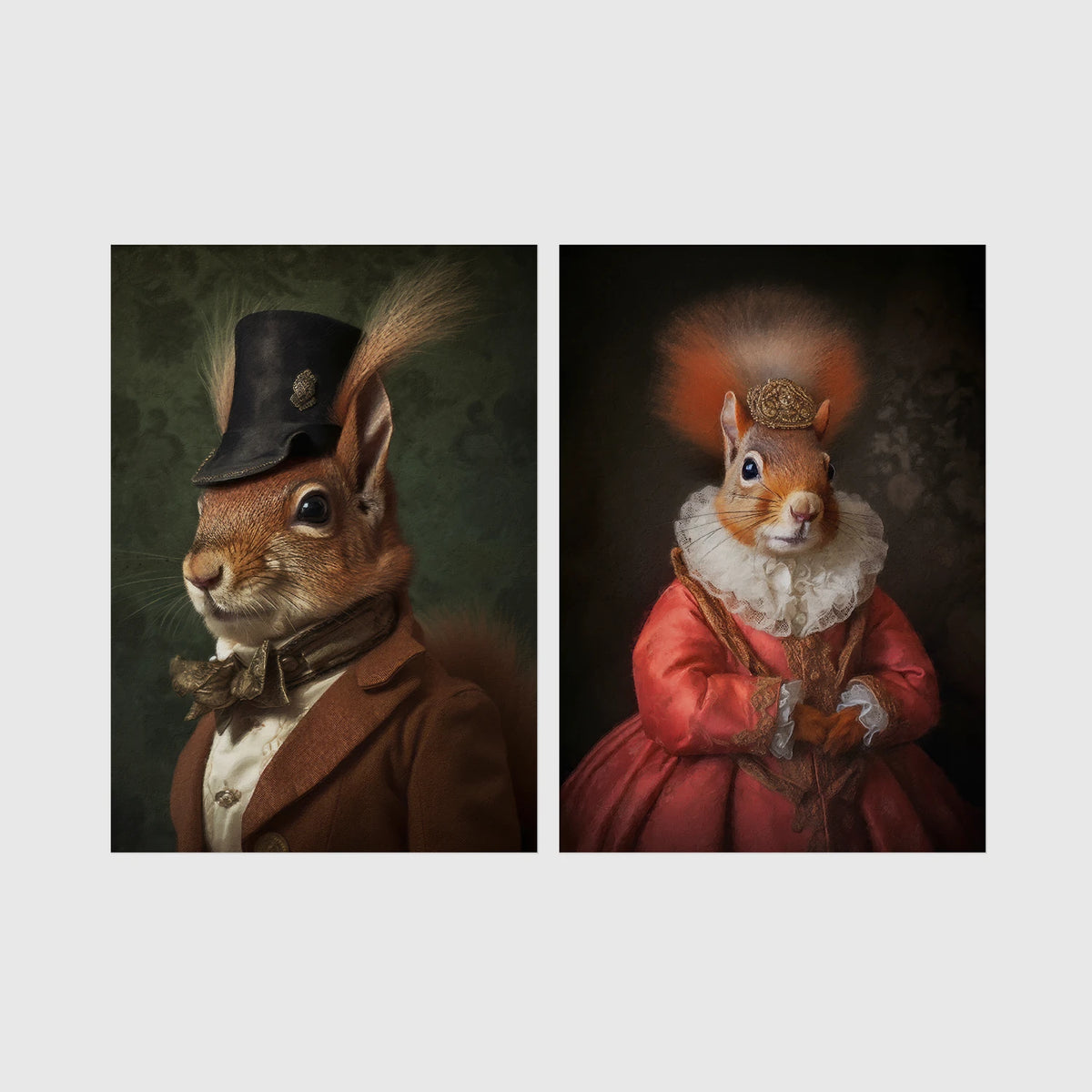 Set of 2 framed prints, squirrels in period dress: "Mr" squirrel in a top hat and bow tie; and "Mrs" squirrel crowned in a pink dress — unframed