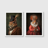 Set of 2 framed prints, squirrels in period dress: "Mr" squirrel in a top hat and bow tie; and "Mrs" squirrel crowned in a pink dress — unframed
