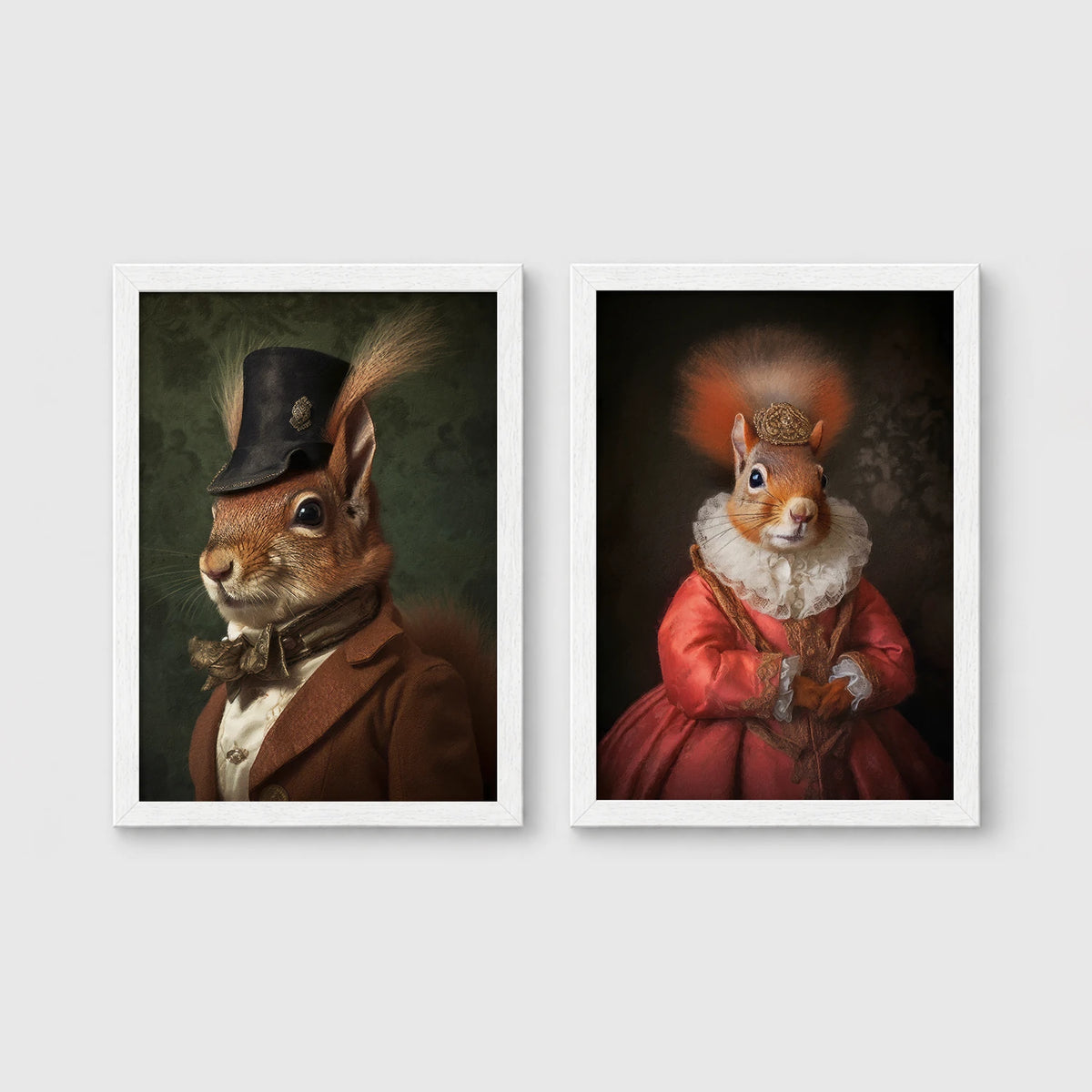 Set of 2 framed prints, squirrels in period dress: "Mr" squirrel in a top hat and bow tie; and "Mrs" squirrel crowned in a pink dress — unframed