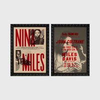 Set of 2 framed prints, vintage jazz concert posters: a "Nina & Miles" concert poster; and a "John Coltrane & Miles Davis" concert poster — unframed