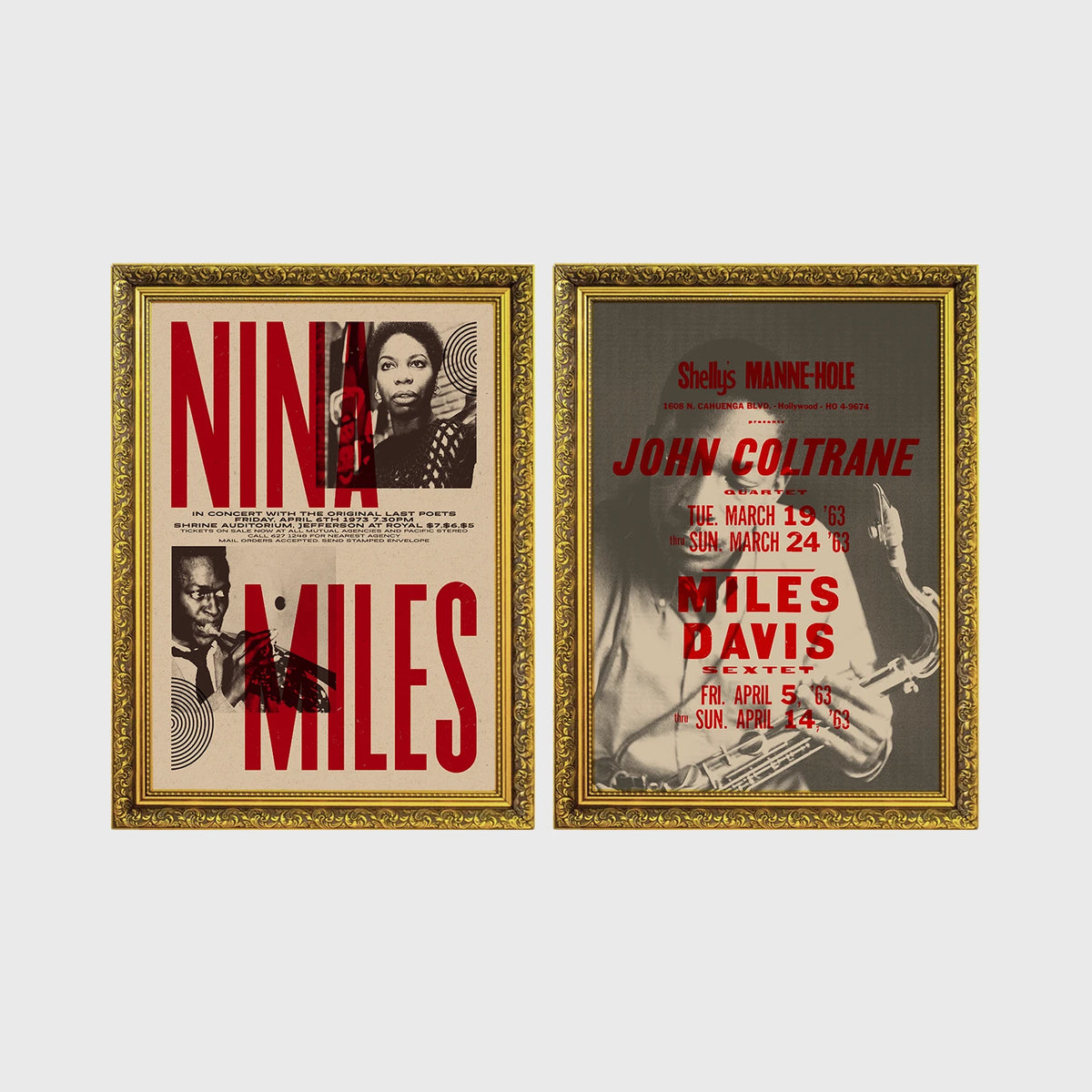 Set of 2 framed prints, vintage jazz concert posters: a "Nina & Miles" concert poster; and a "John Coltrane & Miles Davis" concert poster — unframed