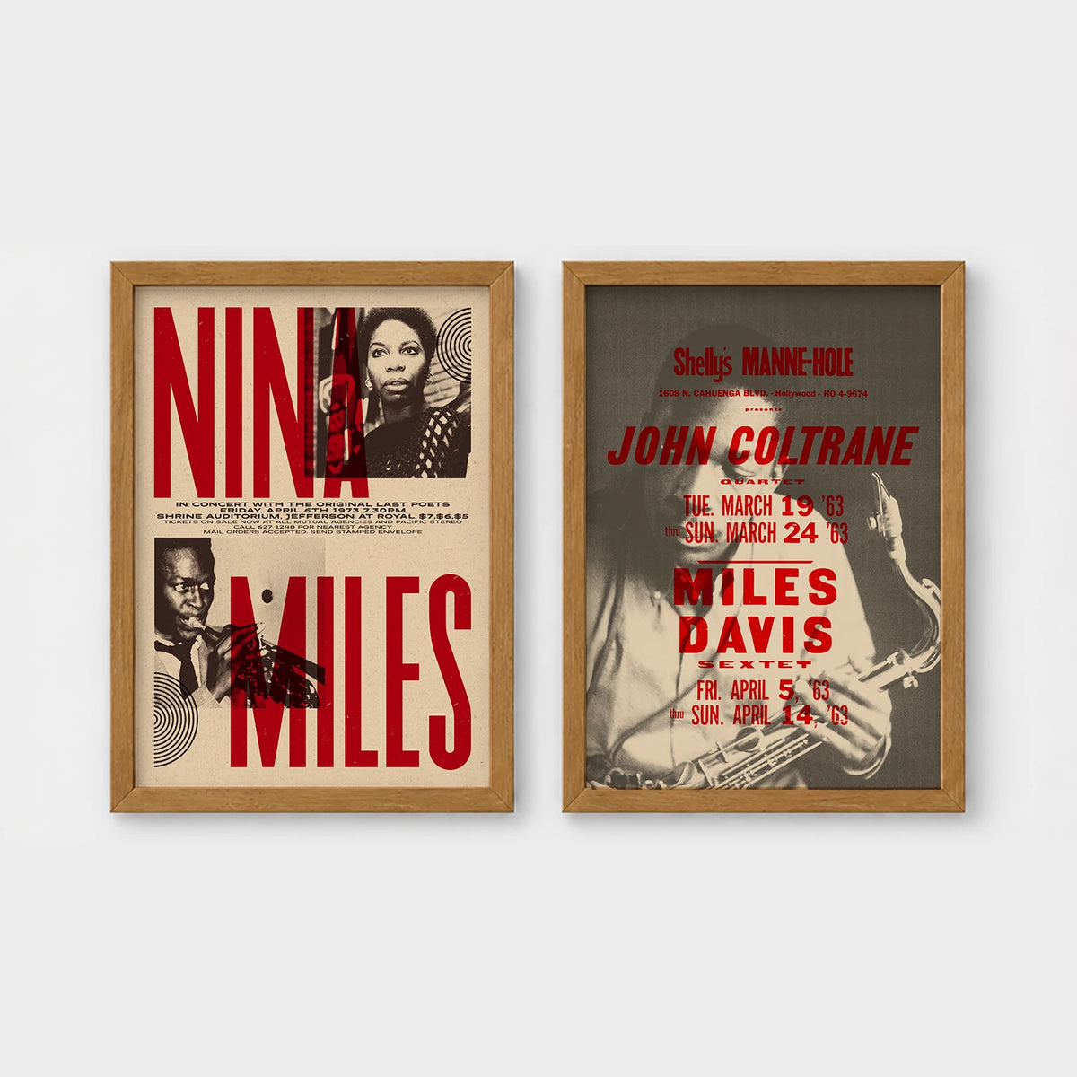 Set of 2 framed prints, vintage jazz concert posters: a "Nina & Miles" concert poster; and a "John Coltrane & Miles Davis" concert poster — unframed