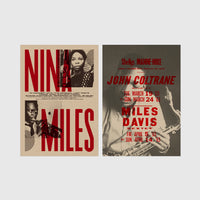 Set of 2 framed prints, vintage jazz concert posters: a "Nina & Miles" concert poster; and a "John Coltrane & Miles Davis" concert poster — unframed