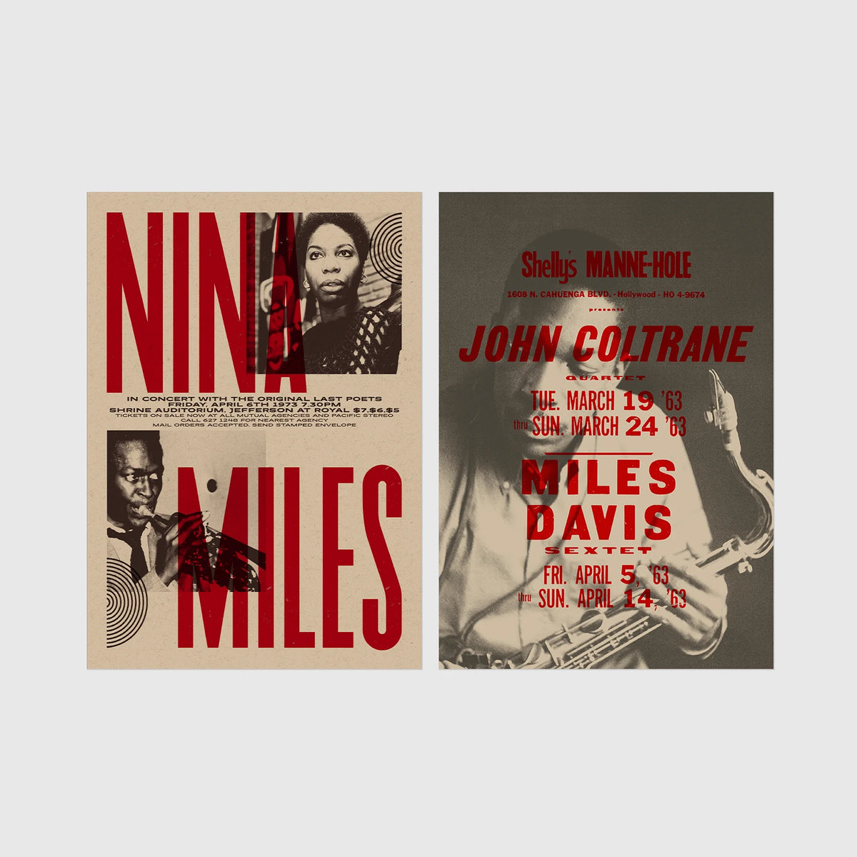 Set of 2 framed prints, vintage jazz concert posters: a "Nina & Miles" concert poster; and a "John Coltrane & Miles Davis" concert poster — unframed