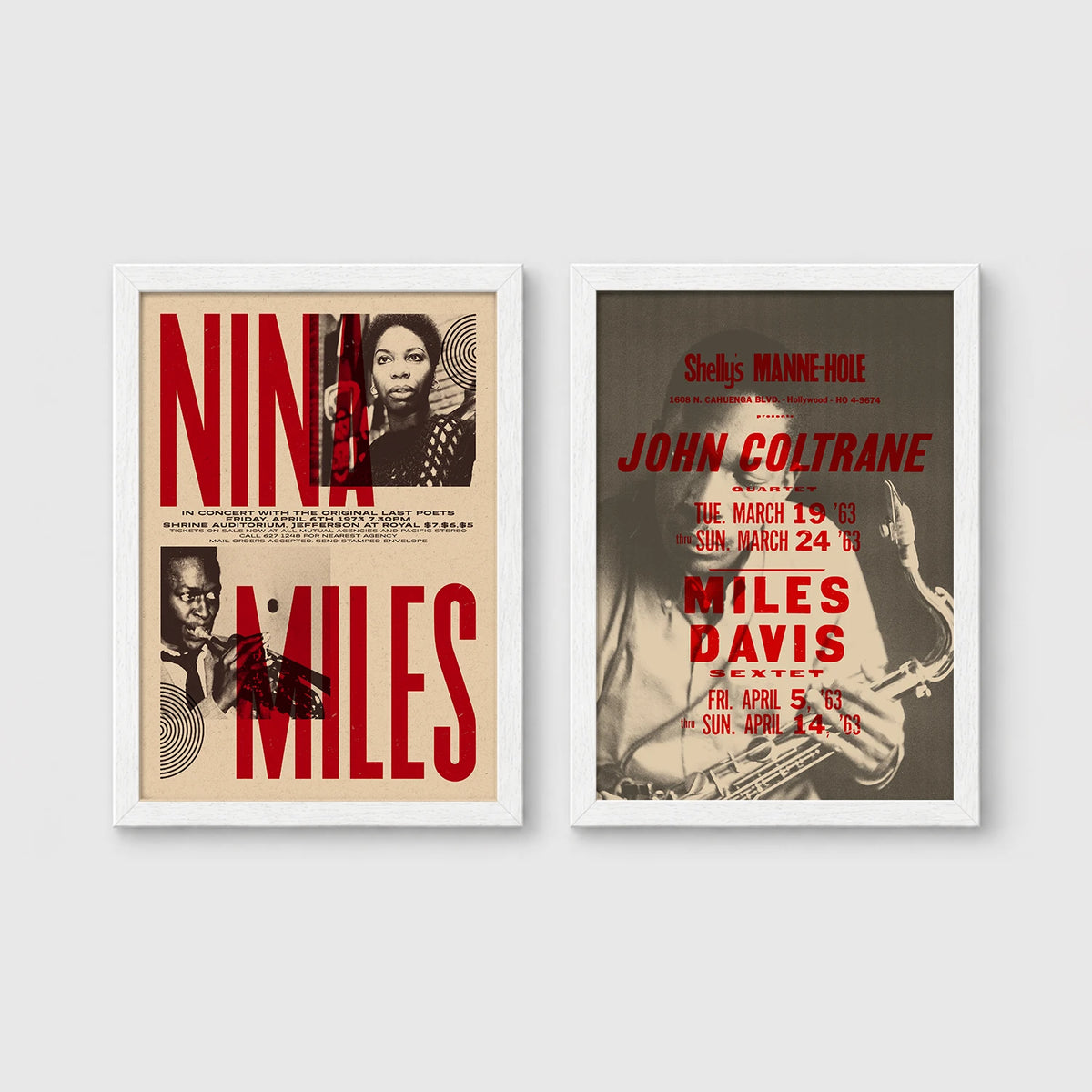 Set of 2 framed prints, vintage jazz concert posters: a "Nina & Miles" concert poster; and a "John Coltrane & Miles Davis" concert poster — unframed