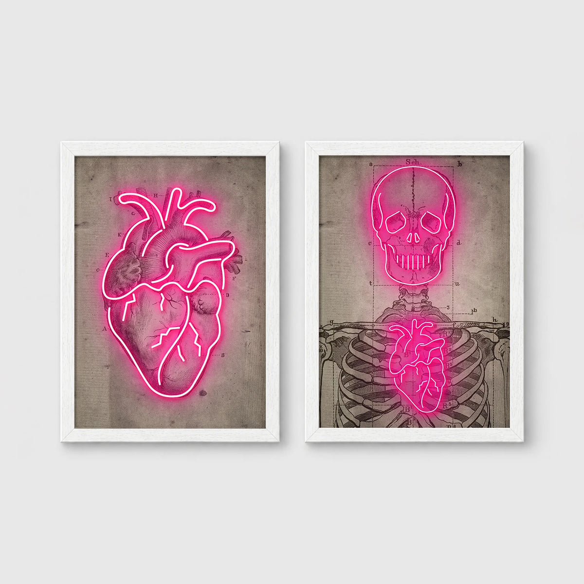 Set of 2 framed prints, neon anatomical illustrations: a neon pink anatomical heart illustration; and a neon pink skeleton skull and ribcage illustration — unframed