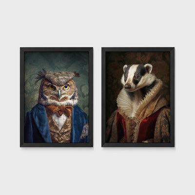 Set of 2 framed prints, animals in period/character dress: an owl in a blue velvet suit and bow tie; and a badger in a noble ruff collar — unframed