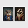 Set of 2 framed prints, animals in period/character dress: an owl in a blue velvet suit and bow tie; and a badger in a noble ruff collar — unframed