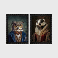 Set of 2 framed prints, animals in period/character dress: an owl in a blue velvet suit and bow tie; and a badger in a noble ruff collar — unframed