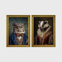 Set of 2 framed prints, animals in period/character dress: an owl in a blue velvet suit and bow tie; and a badger in a noble ruff collar — unframed