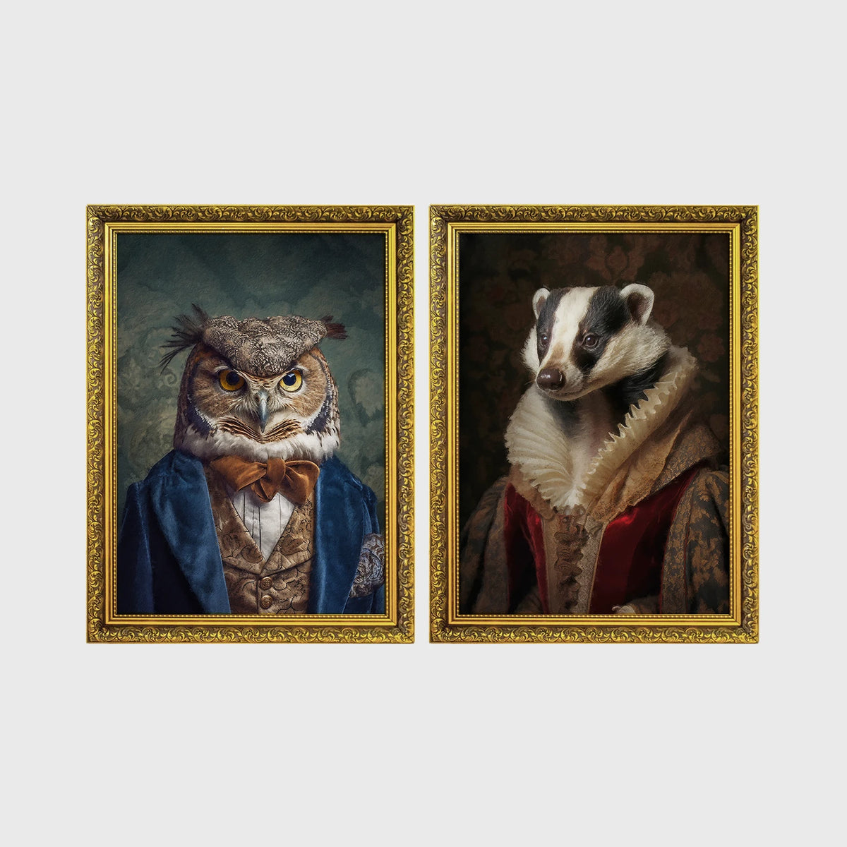 Set of 2 framed prints, animals in period/character dress: an owl in a blue velvet suit and bow tie; and a badger in a noble ruff collar — unframed