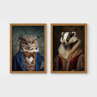 Set of 2 framed prints, animals in period/character dress: an owl in a blue velvet suit and bow tie; and a badger in a noble ruff collar — unframed