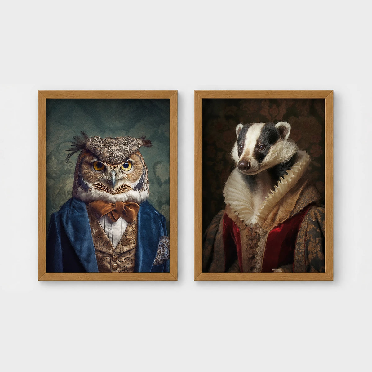 Set of 2 framed prints, animals in period/character dress: an owl in a blue velvet suit and bow tie; and a badger in a noble ruff collar — unframed