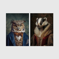 Set of 2 framed prints, animals in period/character dress: an owl in a blue velvet suit and bow tie; and a badger in a noble ruff collar — unframed