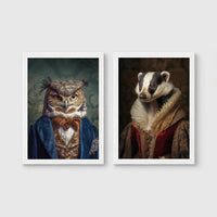Set of 2 framed prints, animals in period/character dress: an owl in a blue velvet suit and bow tie; and a badger in a noble ruff collar — unframed