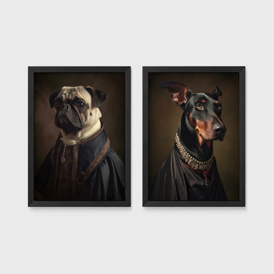 Set of 2 framed prints, dogs in noble dress: a pug in a dark noble robe; and a Doberman in a dark robe with a jewelled collar — unframed