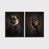 Set of 2 framed prints, dogs in noble dress: a pug in a dark noble robe; and a Doberman in a dark robe with a jewelled collar — unframed