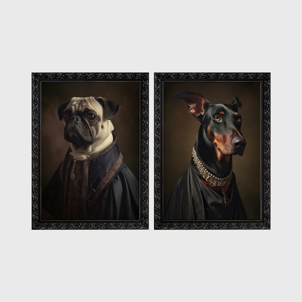 Set of 2 framed prints, dogs in noble dress: a pug in a dark noble robe; and a Doberman in a dark robe with a jewelled collar — unframed