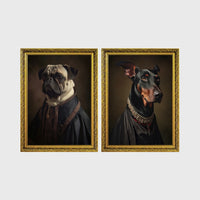 Set of 2 framed prints, dogs in noble dress: a pug in a dark noble robe; and a Doberman in a dark robe with a jewelled collar — unframed
