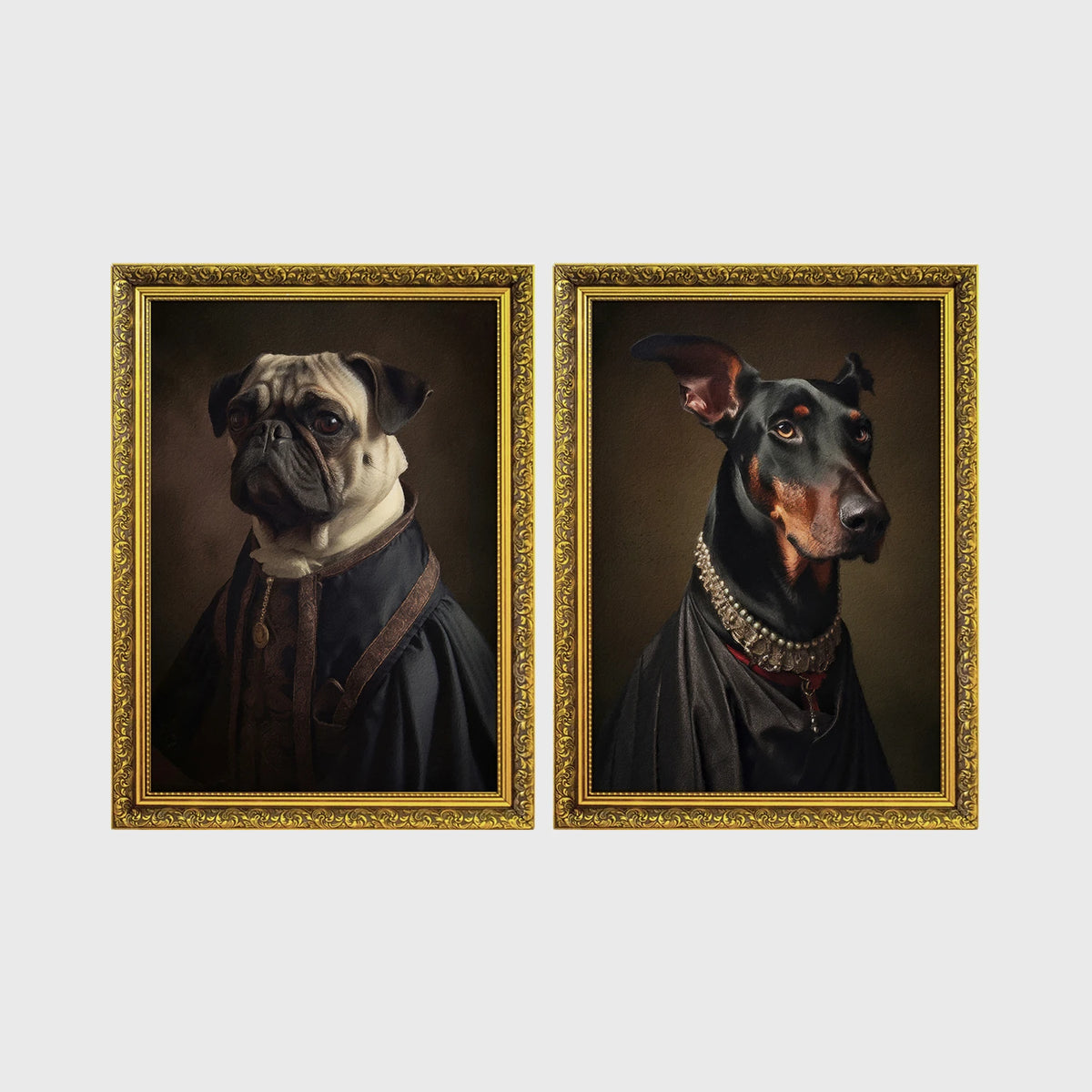 Set of 2 framed prints, dogs in noble dress: a pug in a dark noble robe; and a Doberman in a dark robe with a jewelled collar — unframed