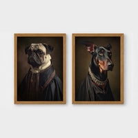 Set of 2 framed prints, dogs in noble dress: a pug in a dark noble robe; and a Doberman in a dark robe with a jewelled collar — unframed
