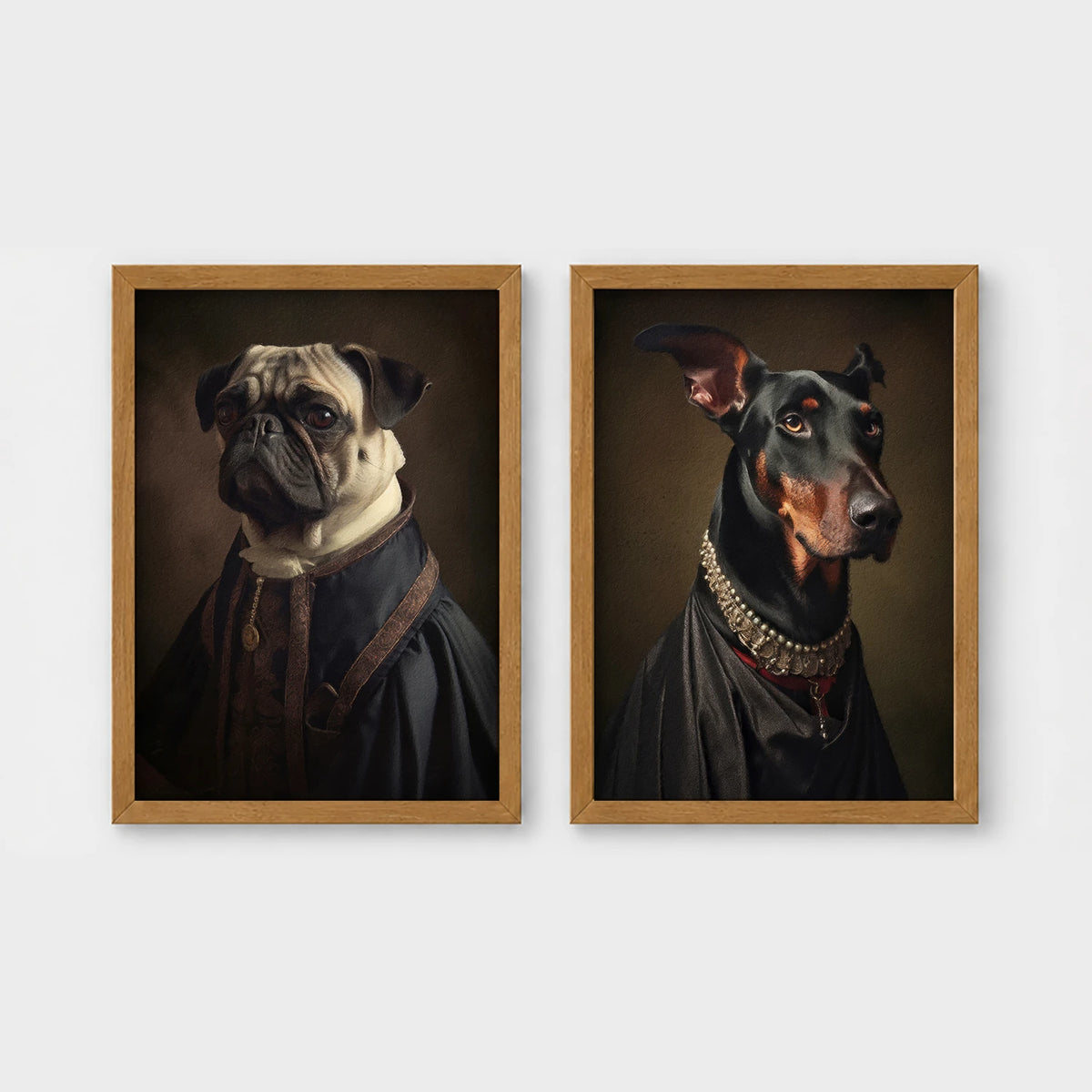 Set of 2 framed prints, dogs in noble dress: a pug in a dark noble robe; and a Doberman in a dark robe with a jewelled collar — unframed