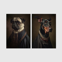 Set of 2 framed prints, dogs in noble dress: a pug in a dark noble robe; and a Doberman in a dark robe with a jewelled collar — unframed