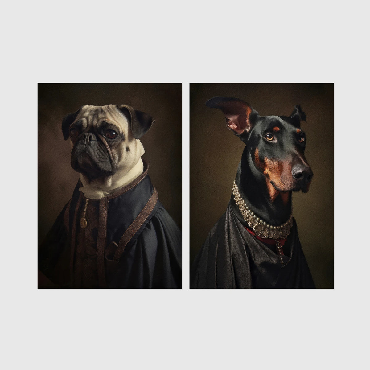 Set of 2 framed prints, dogs in noble dress: a pug in a dark noble robe; and a Doberman in a dark robe with a jewelled collar — unframed