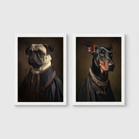 Set of 2 framed prints, dogs in noble dress: a pug in a dark noble robe; and a Doberman in a dark robe with a jewelled collar — unframed