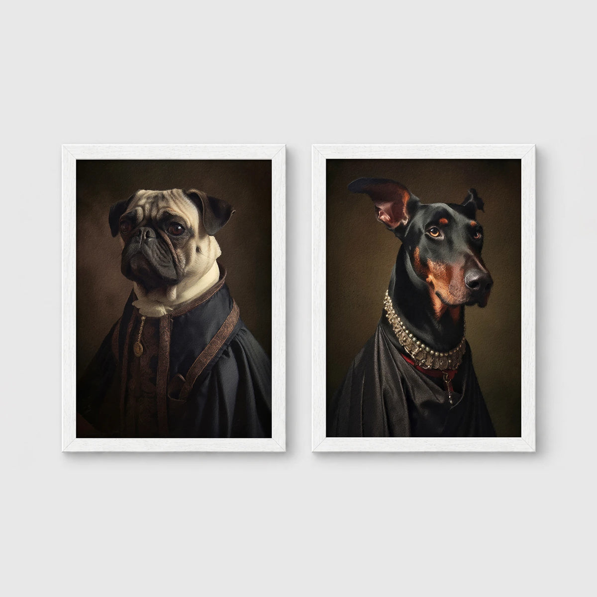 Set of 2 framed prints, dogs in noble dress: a pug in a dark noble robe; and a Doberman in a dark robe with a jewelled collar — unframed