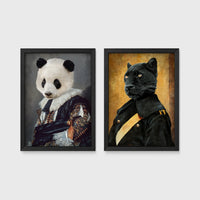Set of 2 framed prints, animals in noble/military dress: a panda in a floral noble robe; and a panther in a dark military uniform — unframed