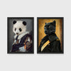 Set of 2 framed prints, animals in noble/military dress: a panda in a floral noble robe; and a panther in a dark military uniform — unframed