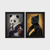 Set of 2 framed prints, animals in noble/military dress: a panda in a floral noble robe; and a panther in a dark military uniform — unframed