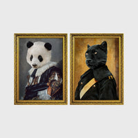 Set of 2 framed prints, animals in noble/military dress: a panda in a floral noble robe; and a panther in a dark military uniform — unframed