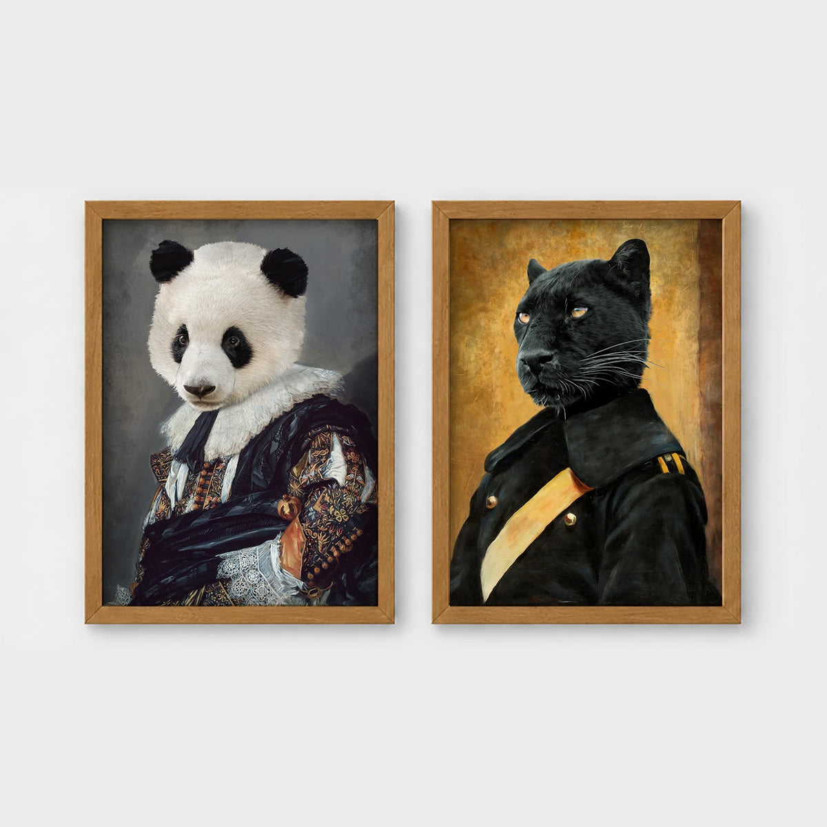 Set of 2 framed prints, animals in noble/military dress: a panda in a floral noble robe; and a panther in a dark military uniform — unframed