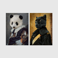 Set of 2 framed prints, animals in noble/military dress: a panda in a floral noble robe; and a panther in a dark military uniform — unframed