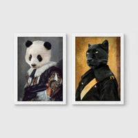Set of 2 framed prints, animals in noble/military dress: a panda in a floral noble robe; and a panther in a dark military uniform — unframed