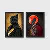 Set of 2 framed prints, animals in noble/military dress: a panther in a dark military uniform; and a flamingo in a royal red robe with medals — unframed