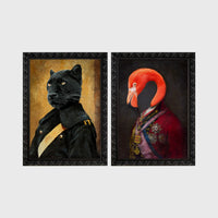 Set of 2 framed prints, animals in noble/military dress: a panther in a dark military uniform; and a flamingo in a royal red robe with medals — unframed