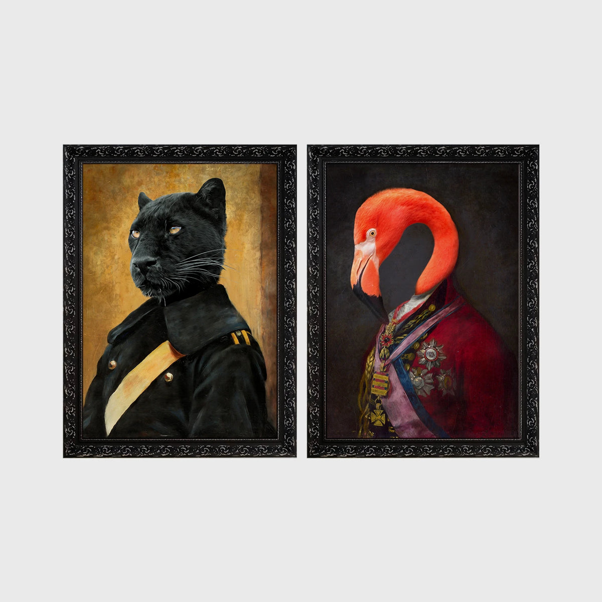Set of 2 framed prints, animals in noble/military dress: a panther in a dark military uniform; and a flamingo in a royal red robe with medals — unframed
