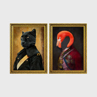 Set of 2 framed prints, animals in noble/military dress: a panther in a dark military uniform; and a flamingo in a royal red robe with medals — unframed