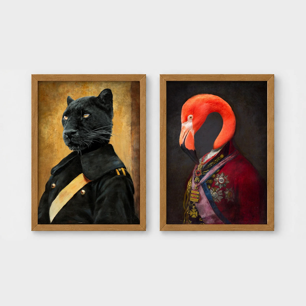 Set of 2 framed prints, animals in noble/military dress: a panther in a dark military uniform; and a flamingo in a royal red robe with medals — unframed
