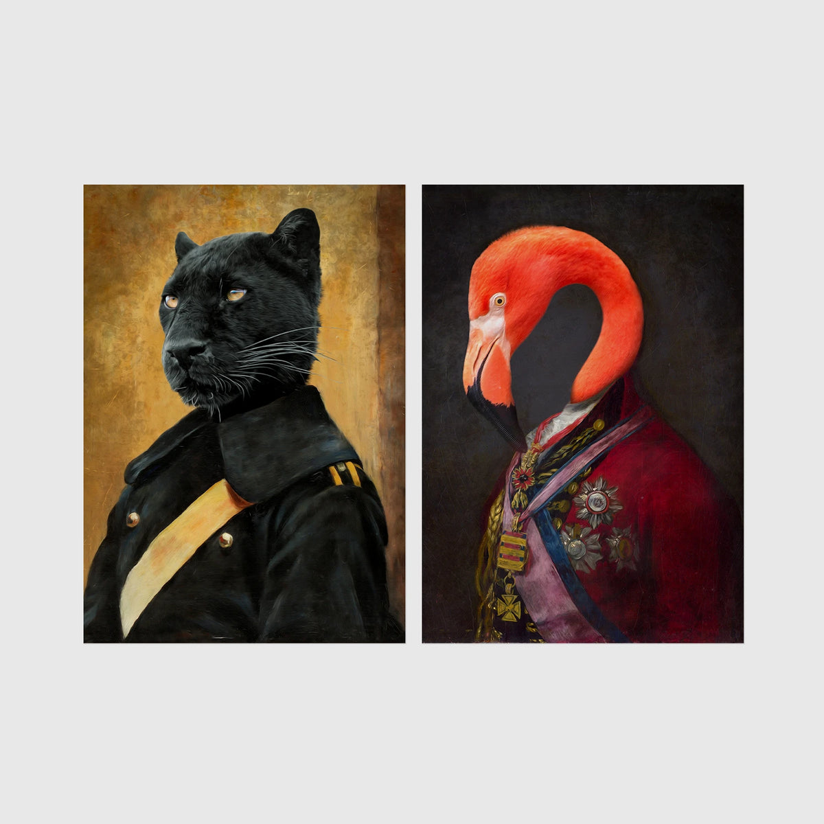 Set of 2 framed prints, animals in noble/military dress: a panther in a dark military uniform; and a flamingo in a royal red robe with medals — unframed
