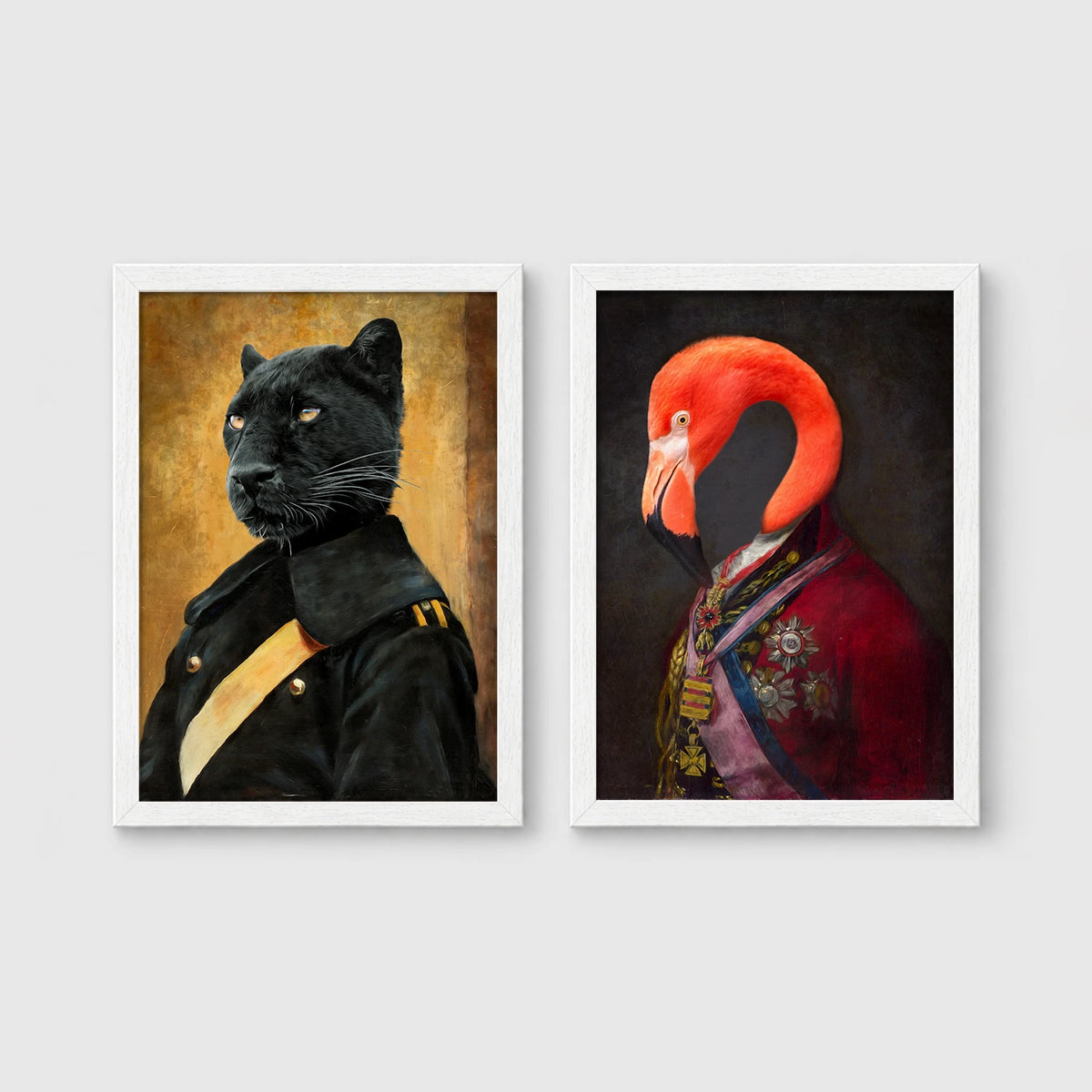 Set of 2 framed prints, animals in noble/military dress: a panther in a dark military uniform; and a flamingo in a royal red robe with medals — unframed