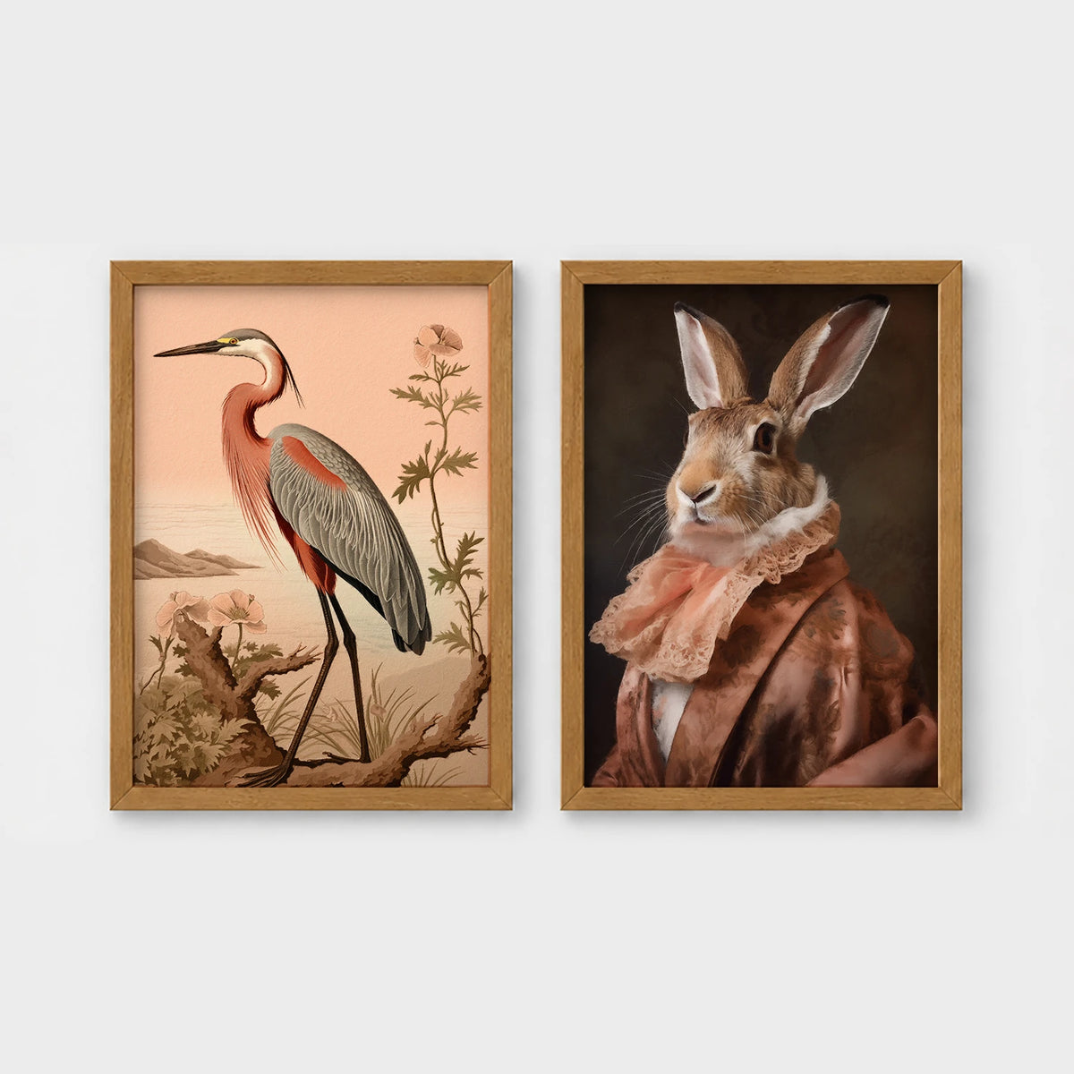 Set of 2 framed prints, animals in soft pastel tones: a heron illustration in a soft peach palette with florals; and a hare in a peach-toned noble collar — unframed
