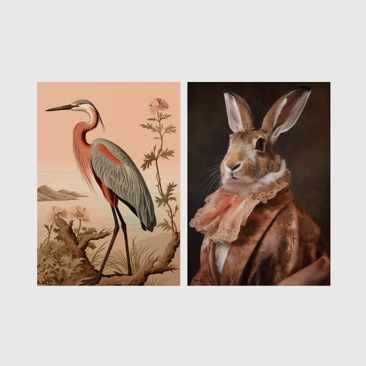 Set of 2 framed prints, animals in soft pastel tones: a heron illustration in a soft peach palette with florals; and a hare in a peach-toned noble collar — unframed
