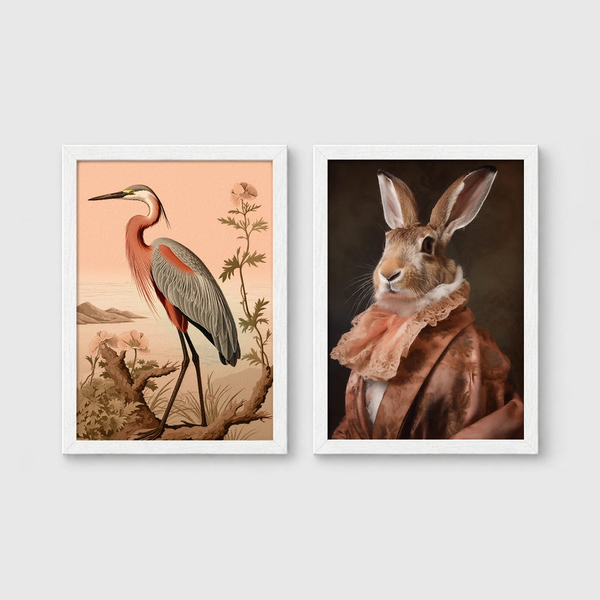 Set of 2 framed prints, animals in soft pastel tones: a heron illustration in a soft peach palette with florals; and a hare in a peach-toned noble collar — unframed