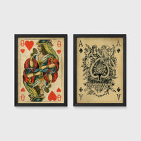 Set of 2 framed prints, vintage oversized playing cards: a Queen of Hearts; and an ornate Ace of Spades — unframed