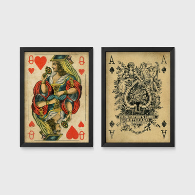 Set of 2 framed prints, vintage oversized playing cards: a Queen of Hearts; and an ornate Ace of Spades — unframed